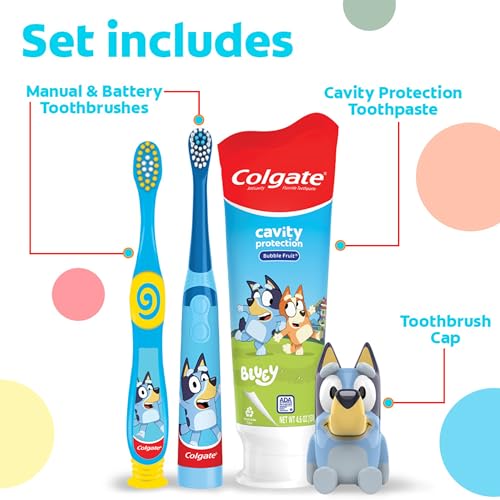Colgate Kids Toothbrush Set, Kids Toothbrush and Toothpaste Set, Includes Manual Bluey Toothbrush, Kids Toothpaste, and Kids Battery Toothbrush with Included AA Battery, Bluey Gift Set - image 2