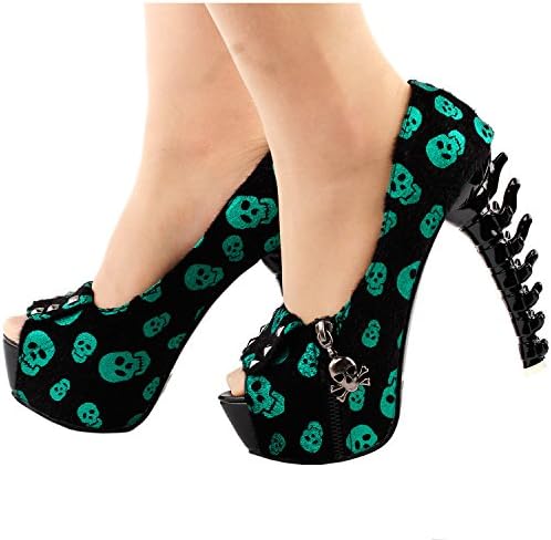SHOW STORY Hot Fashion Sexy Curvy Slip On Bone Heels Pumps,LF80624BL37,6US,Green Skull | Image 2