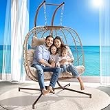 OUTPLATIO Double Egg Chair with Stand Wicker Swing Chair for 2 Person, Rattan Wicker Hanging Egg Cha