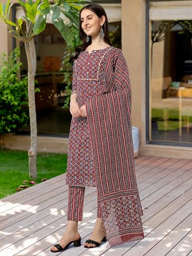 Image of MIRCHI FASHION Pure Cotton Women Straight Embellished Ajrakh Print Kurti Set with Dupatta and Pant