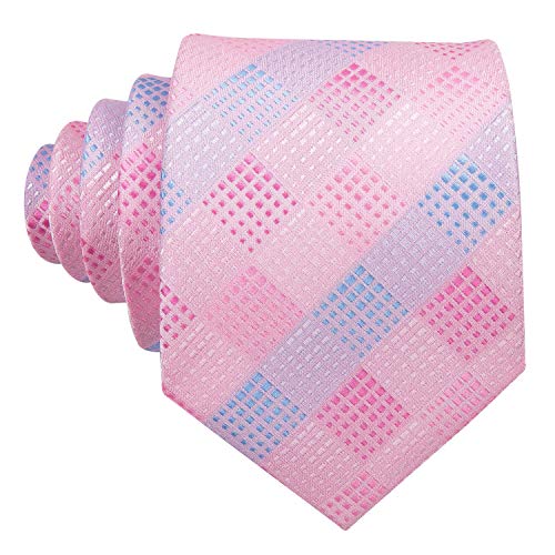 Image of Barry.Wang Plaid Ties Check Mens Necktie Set with Handkerchief Cufflinks Classic Stripe