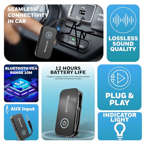 Image of Honeywell 2-in-1 Bluetooth 5.4 Transmitter & Receiver, AUX & Type-C Audio Adapter with Mic, 12H Battery Life, Lossless Audio, Ideal for Airplanes, Cars, TVs, Desktops, Speakers and Amplifiers