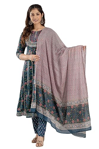 Women's Rayon Embroidered Anarkali Kurti with Pant and Dupatta Set-619