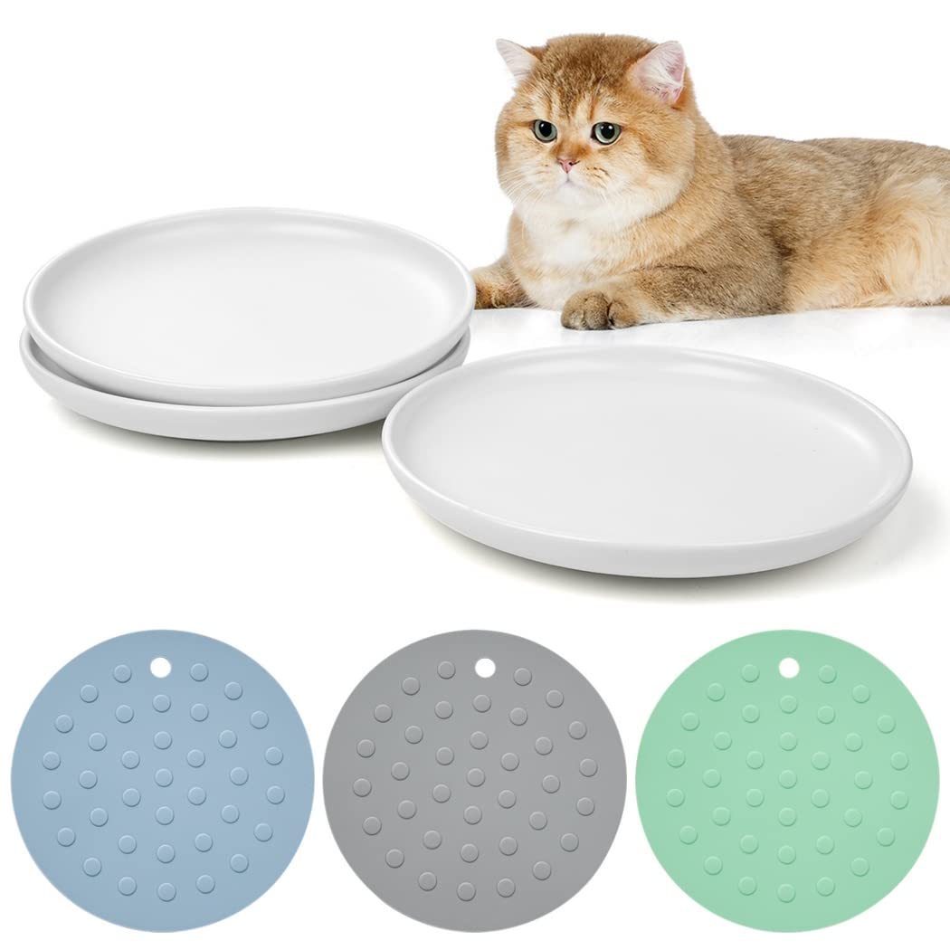 Lot de 3 gamelles en céramique pour Chat, Assiettes d'alimentation Larges et Peu Profondes, avec 3 Tapis antidérapants, pour Chats, Chatons et Chiots, compatibles Lave-Vaisselle