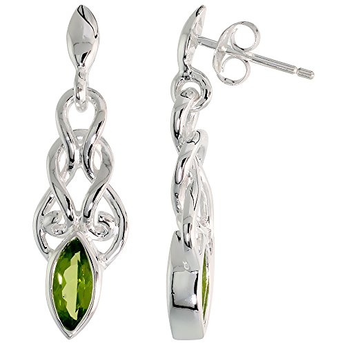 Sterling Silver Genuine Peridot Celtic Knot Earrings Dangle Post Flawless Finish, 1 1/4 inch