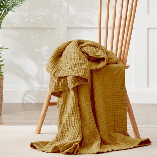 Image of 100% Cotton Muslin Blanket California King 120 inch x 90 inch, 6 Layers Breathable and Lightweight Oversized Blankets for Bed, Soft Cooling Gauze Blanket for Adults All Season, Camel