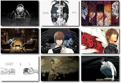 Image of ATEVON Death Note Wall Poster Set of 18 - 6x4 Inch Unframed Mini Collage Kit Featuring Light Yagami, L, Ryuk - Japanese Manga Room Decor for Fans