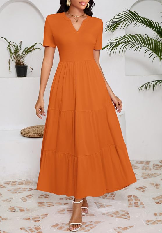 Image of MarryUP Women 2025 Casual Loose Maxi Dress with Pockets V Neck Short Sleeve Tiered Long Summer Beach Swing Dresses