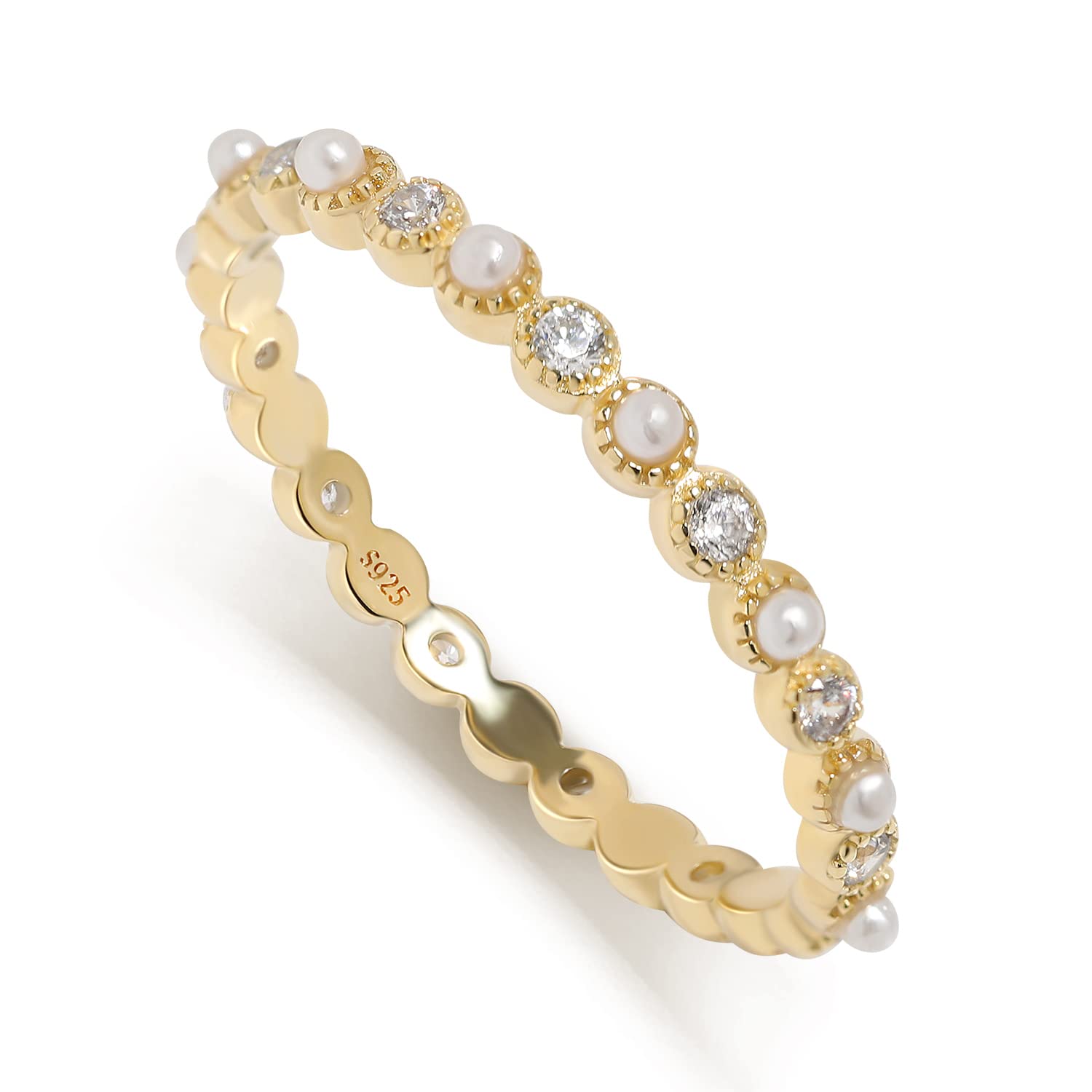 MeissaStackable Ring for Women Minimalist Tiny Pearl Ring Silver Dainty Delicate Cute Ring Best Friend Stacking Diamond Gold Ring (Gold, P)