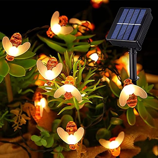 Solar Bee String Lights Outdoor Waterproof 50 LEDs 8 Modes Honeybee Fairy Light Outdoor Lights Patio Garden Fence Yard Wedding Christmas Tree Decor