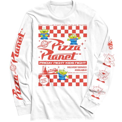 Disney Pixar Toy Story Pizza Planet Take Out Flyer Disneyland World Tee Long-Sleeve Mens Graphic T-Shirt(LG White)