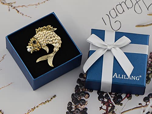 Image of Alilang Women's Gold Toned Gunmetal Champagne Rhinestone Crystals Faux Pearl Fish Lapel Pin Brooch