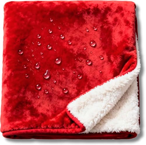 CREW FLX Waterproof Blanket for Bed Intimacy (80'x 60' Queen Size) Reversible Fleece | Sherpa, Love Blanket, Water Proof TPU Layer Stain Proof Couch Furniture Mattress Winter Large Dog Bed Cover - Red