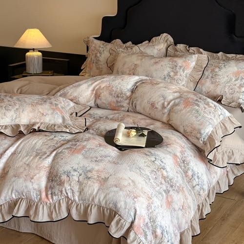 VM VOUGEMARKET Full Duvet Cover with Romantic Ruffles Breathable Muslin Cotton,Soft Textured Gauze Weave Comforter Cover with Zip Closure and Corner Ties- 80"x90"