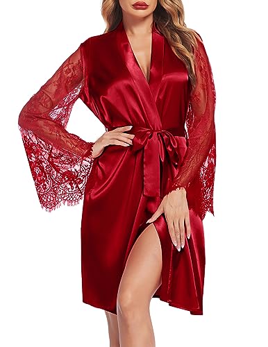 Avidlove Womens Satin Robe Silk Kimono Robes Lace Trim Robes Short Bridesmaid Wedding Party cover