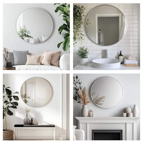 Image of Oruii Silver Round Mirror, Round Mirror 24 inch Brushed Nickel, Circle Wall Mirrors Metal Frame, Silver Circular Mirrors for Bathroom, Wall, Living Room, Entryway, Hallway, Vanity, Rustic