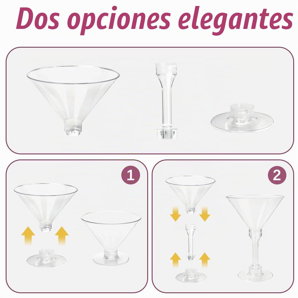 RETON Juego de 100 vasos de plástico para martini, vasos de cóctel reutilizables de 5 onzas, tazas altas de margaritas con 100 palillos de frutas, mini tazas de postre reutilizables para fiestas,