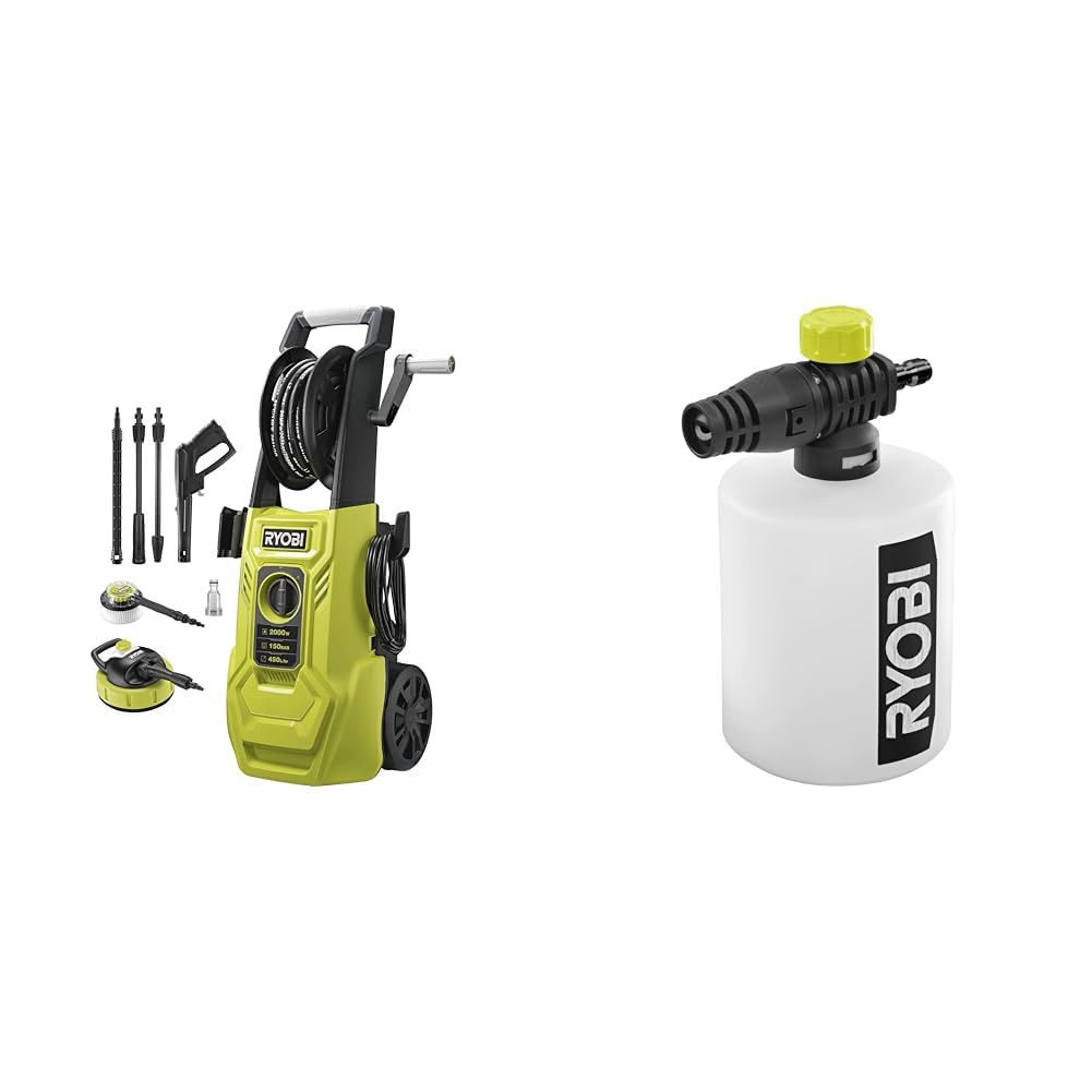 RYOBI - Nettoyeur Haute Pression 2000 W - 150 Bars - 450 L - Flexible renforcé Acier 8 m & Buse détergent 750 ML pour Pistolets Haute Pression RAC748