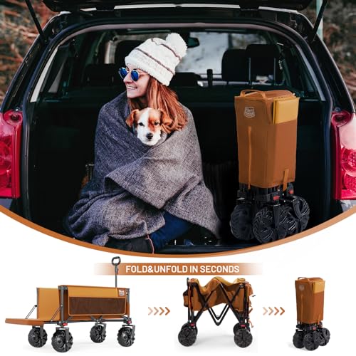 Image of TIMBER RIDGE Heavy Duty Beach Wagon with Tailgate | 300 lbs Collapsible Wagon with All-Terrain Big Brakes Wheels, Foldable Utility Cart for Sand Sports Shopping, Orange