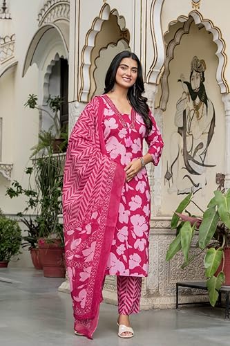 Image of Rangnavi Women's Floral Printed Stright Kurta with Pant & Dupatta Set | Ethnic set | Kurta set