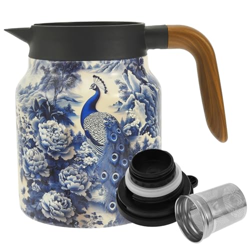 1000ML Insulated Tea Pot Vintage Pattern Insulated Teapot Built-in Infuser Stainless Steel Thermal Carafe Thermal Jug Teas Pot Infusers Teapot with Wood Handle for Coffee Tea & Beverage
