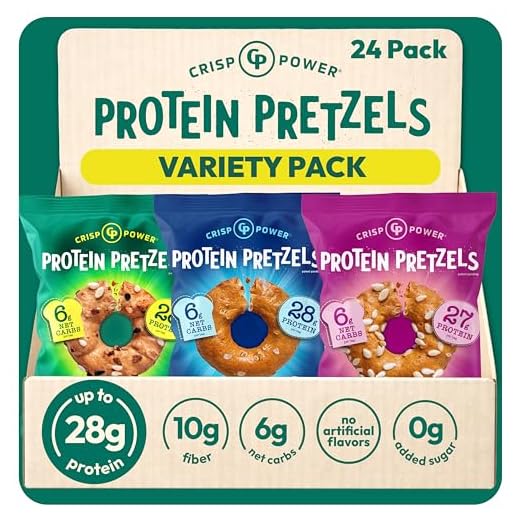 CRISP POWER Protein Pretzels, Variety Pack With Sea Salt, Sesame, & Everything, Up To 28G Protein, High Protein Snack, High Fiber, Low Carb Crunchy Pretzel Snacks, No Added Sugar, 1.75 oz Bags, 24 Pack, Vegan, Keto