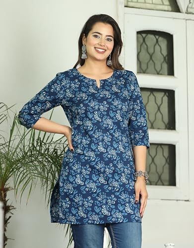 Image of Women's Floral Printed Rayon Short Kurti, Casual Ethnic Style, Side Slits, 3 /4 Sleeves, Regular Fit, for Jeans & Leggings