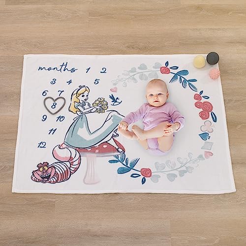 Image of Disney Alice in Wonderland White, Pink, and Blue Cheshire Cat Super Soft Photo Op Milestone Baby Blanket
