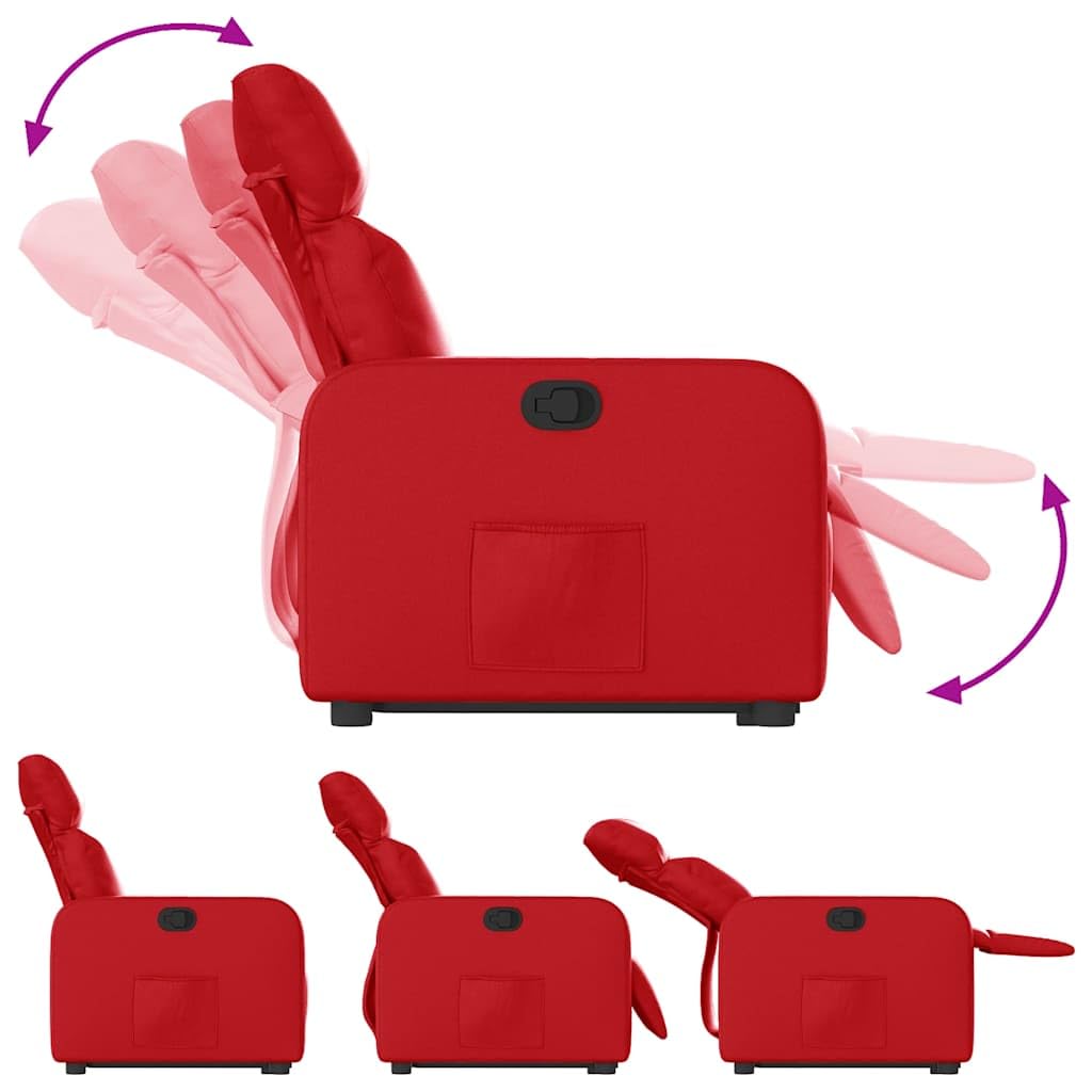 Sillón elevador reclinable con elevación eléctrica y respaldo manual, color rojo de piel sintética, estructura estable de madera y metal, bolsillo lateral, asiento acolchado