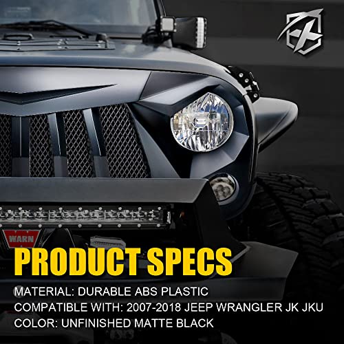 Image of Xprite Matte Black Front Grill Grid Grille w /Mesh Compatible with Jeep Wrangler Rubicon Sahara Sport JK 2007-2018
