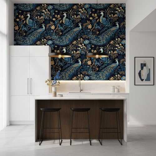 Image of Hotel and Restaurant Blue and Gold Peacock Wallpaper Hotel and Restaurant for wall Stickers Living Room and kidroom Stick Wall Decor|Fantasy Patter Wallpaper for wall Stickers(45 x 300 cm)