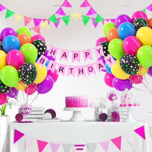 Image of 60pcs Neon Balloons 12inch, Yellow Hot Pink Lime Green Orange Blue Purple Rainbow Balloons for 80s 90s Neon Birthday Party Decorations