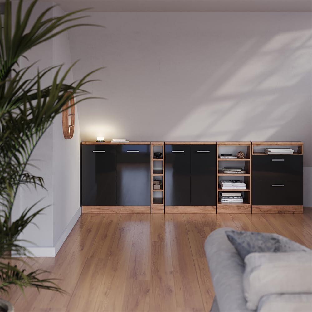 Vicco Ensemble de Meuble sous Pente Rion Anthracite Brillant/Chêne doré | L210 x P46 cm , Lot de 5, gain de place pour les pièces mansardées