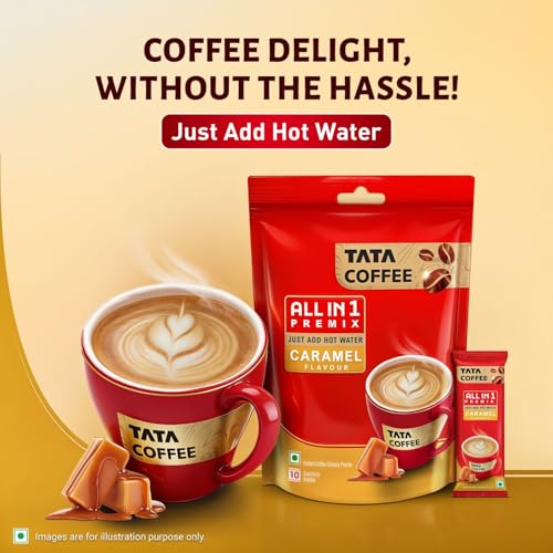 Image of Tata Coffee All in 1 Premix, Caramel Flavour, Instant Coffee-Chicory Premix, Rich Aroma, Instant Coffee Sachets, Just Add Hot Water, 160g (10 Sachets x 16g)