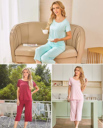 Image of NACHILA Women's Pajamas Set,Short Sleeve Sleepwear Capri Pant Pjs