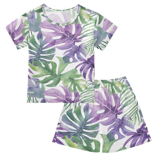 ALAZA Green Palm Leaves Pajamas Short Sleeve 2 Piece Sleepwear Top and Bottom Pajama Set Unisex