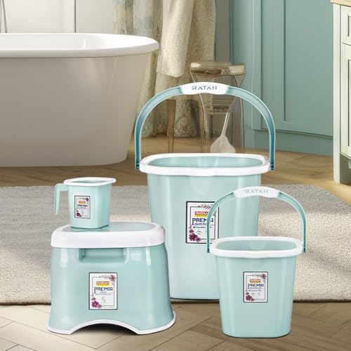 Image of RATAN PLASTICWARE Premia Bathroom Set (Bucket 5L X 1) + (Bucket 18L X 1) + (Mug 1.5L X 1) + (Small Stool X 1) - Mint|Easy to Carry | Perfect for Use in Bathrooms, Kitchen & Wet Utility Areas