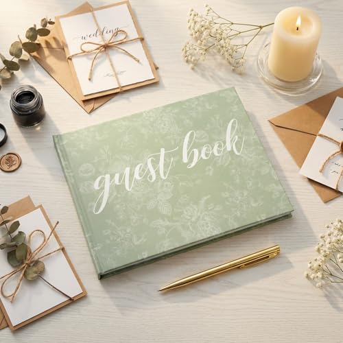Image of Engrowtic 7 x 9 Inches Floral Guest Book with Pen Hardcover Guestbook Registry Book for Wedding Bridal Shower Baby Shower Graduation Birthday Funeral Anniversary Reception, 50 Sheets 100 Pages (Green)