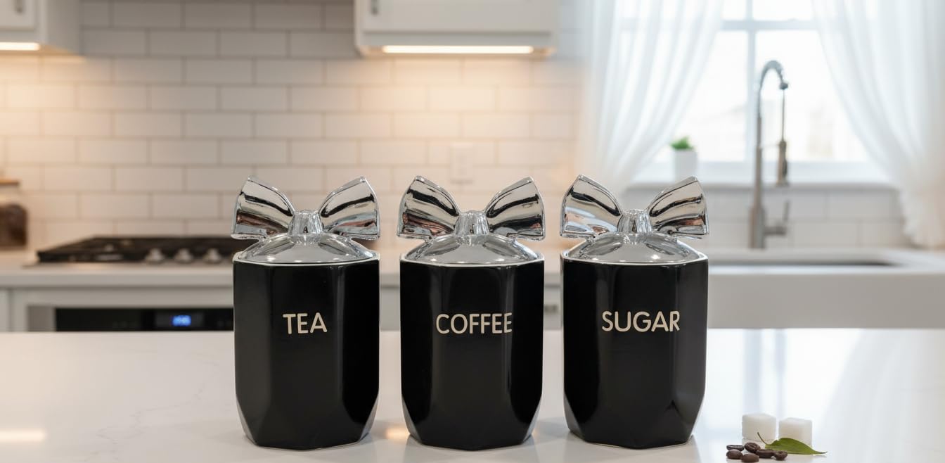Biznest Set Of 3 Jars Silver Bow Lid Kitchen Canister Jar For Tea Coffee Sugar Storage Pots Marble Effect Home Decor Dining Table Eye-Catching Glamorous Design (Black)