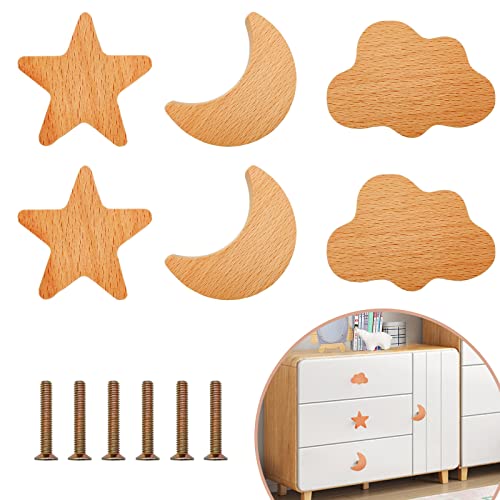 Bmgop 6Pcs Wooden Cabinet Knobs Star Moon Cloud Shape Wood Knobs For Nursery Room, Kids Dresser Knobs Nursery Drawer Handles With Screws #TOP4