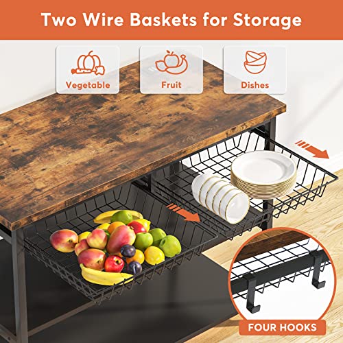Tribesigns Kitchen Island With Storage, Industrial Island Table With Power Outlets And Wire Baskets, 3 Tier Microwave Oven Stand Butcher Block Island With Large Worktop, 4 Hooks, Rustic Brown #TOP6