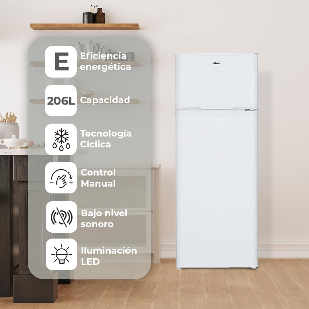 Nilson Réfrigérateur Blanc, 2 Portes. NF145500E, Capacité 206 Litres, Cyclique, Moteur Universel, Niveau Sonore 40 dB, Porte Réversible, Ouverture Sans Poignée, Classe Énergétique E