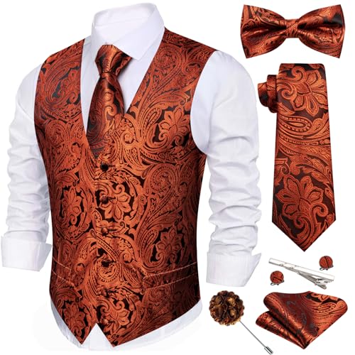 Image of Barry.Wang Men's Suit Vest Tie Bowtie Set Formal Silk Paisley Waistcoat Hanky Cufflinks Lapel Pin Set Wedding Party 7PCS