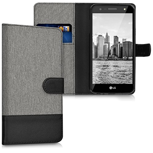 kwmobile Funda Compatible con LG X Power 2 - Carcasa de Tela y Cuero sintético Tarjetero Gris/Negro