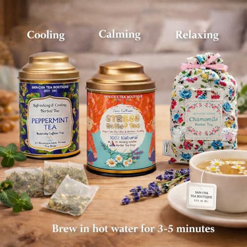 Image of Sancha Tea Boutique,Stress Relief Bundle Caffeine free Herbal Tea, Stress Relief Tea, Chamomile Tea, Peppermint Tea,100% Biodegradable Tea Bags, Tea Assortment, Value Pack