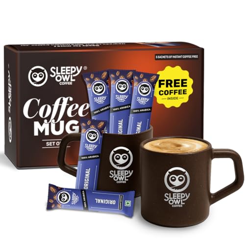 Image of Sleepy Owl Coffee Mugs Set of 2 (200ml) with 5 Free Coffee Sachets | Eco-Friendly & Sustainable Cup | Microwave Safe | 100% Arabica Coffee with Mug