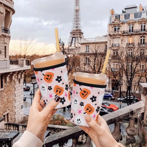 Image of Reusable Insulated Neoprene Iced Coffee Cup Sleeve, Durable Drink Sleeve for Cold Beverages, Beverage Holder for Iced Coffee, Hello Pumpkin