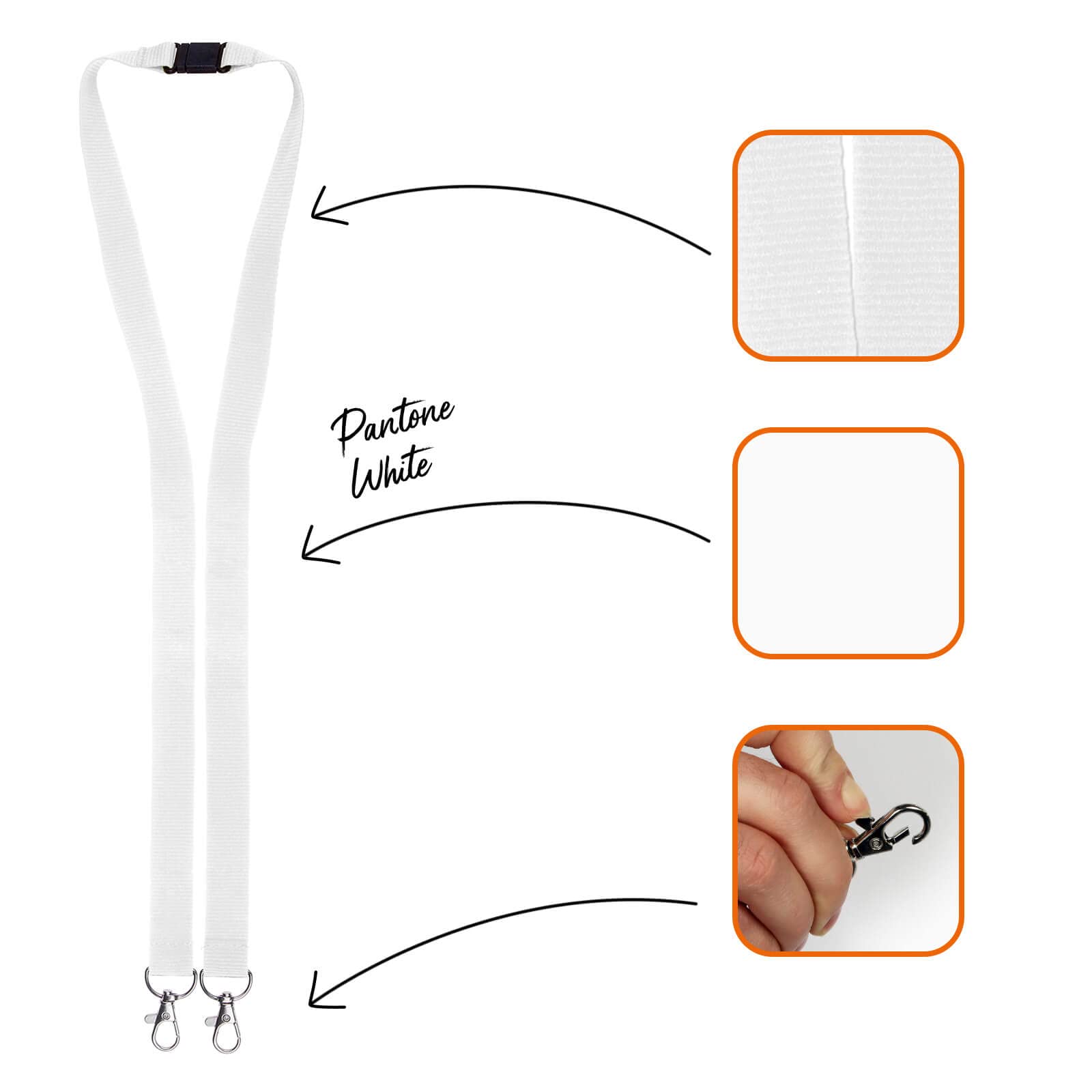 Karteo Lanyard Blanco con Doble Mosquetón Pack de 100 – Cinta para Cuello con 2 Ganchos y Cierre de Seguridad para Porta Credenciales