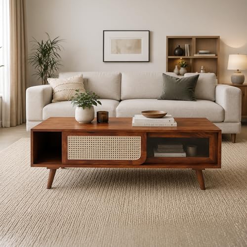 Image of The Attic INES Coffee Table for Living Room, Solid Wood Centre Table with Cane with Sliding Doors, Honey Matt Finish