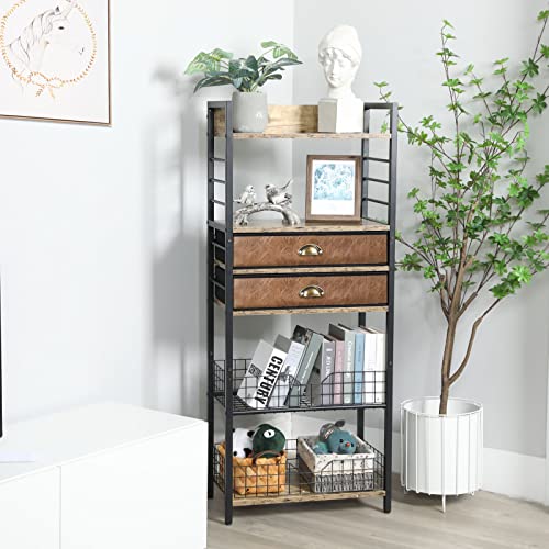 Yuyetuyo Bookshelf Industrial Retro Wood Bookcase With 2 Drawers And Wire Baskets, 4 Tier Free Standing Book Storage Shelf Display Rack For Living Room Bedroom Office, Rustic Brown #TOP4